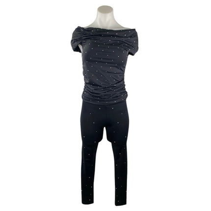 Zara Women's Black Rhinestone Off The Shoulder Top Crop Pants 2 Piece Set Size M