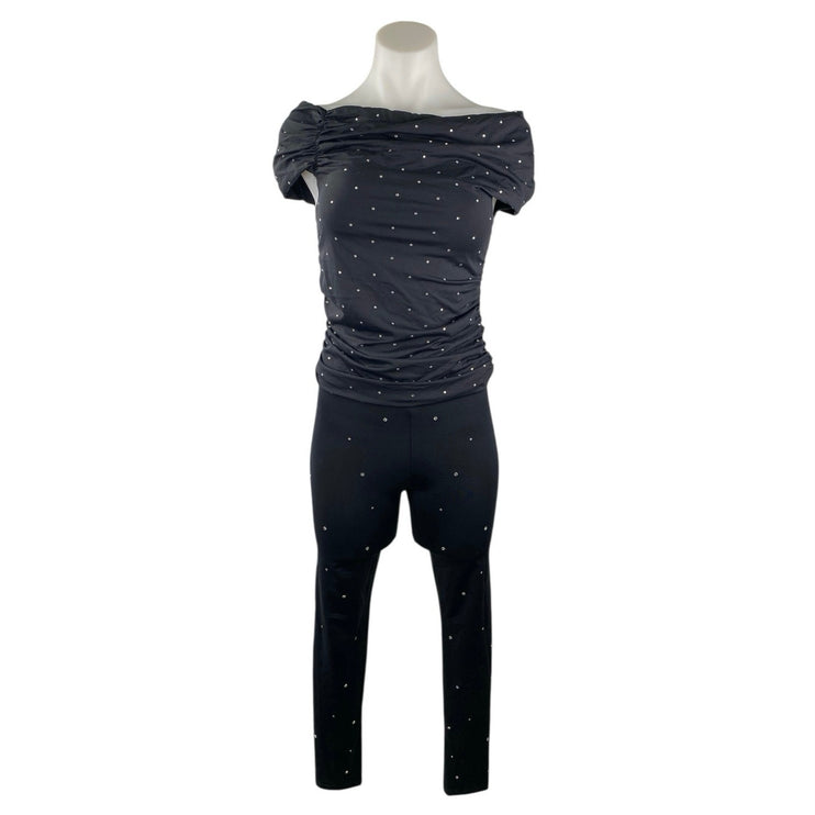 Zara Women's Black Rhinestone Off The Shoulder Top Crop Pants 2 Piece Set Size M