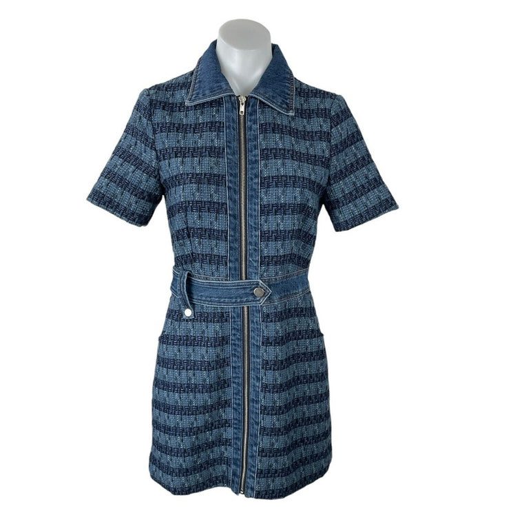 Jason Wu Blue Short Sleeve Striped Full Zip Tweed Denim Jean Shirt Mini Dress XS