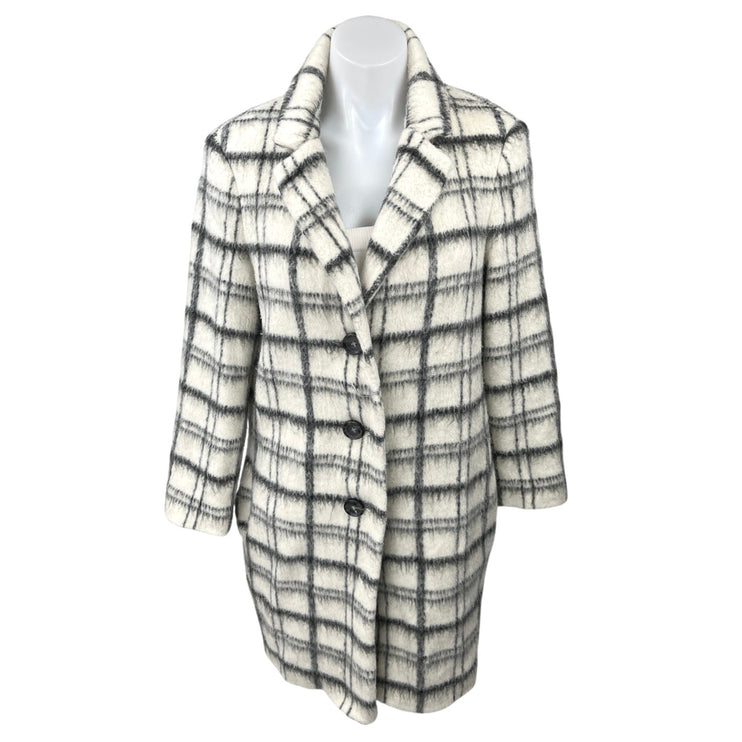 DKNY Women's Cream Black Plaid Button Up Mid Length Trench Coat Jacket Size 6