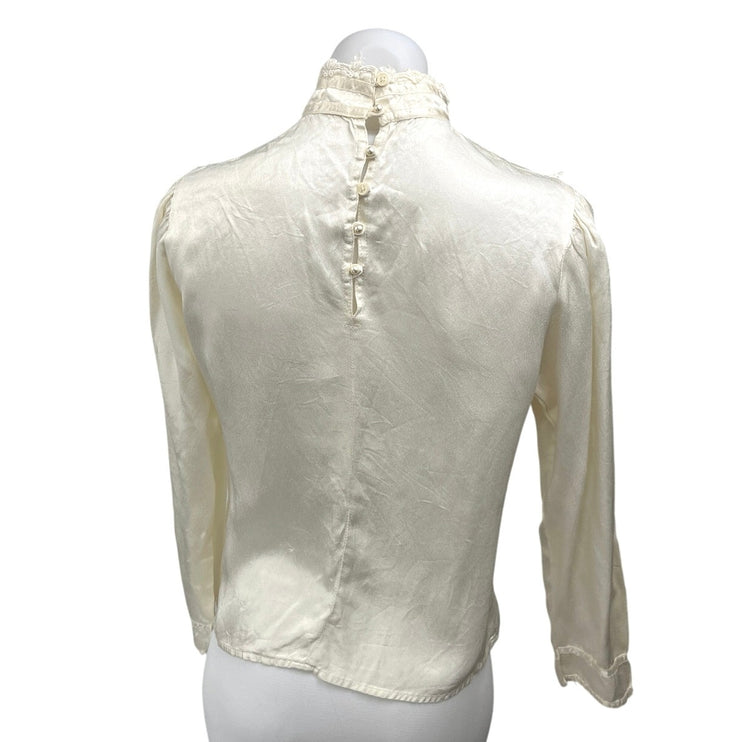 Vintage Gunne Sax White Silk Satin Lace Mock Neck Long Sleeve Blouse Top Size S