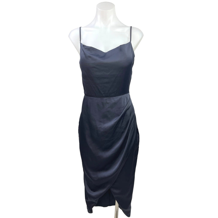 Showpo Dazzling Lights Navy Silky Satin Cowl Neck Draped Midi Bodycon Dress Sz 8