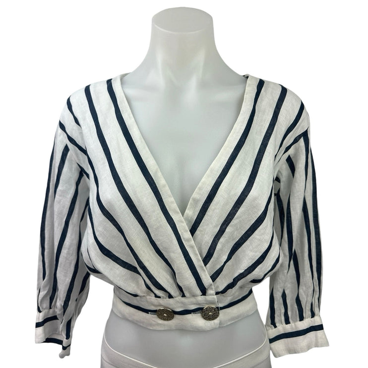 Zara Women's White Striped V-Neck Long Balloon Sleeve Blouse Cropped Top Sz XS