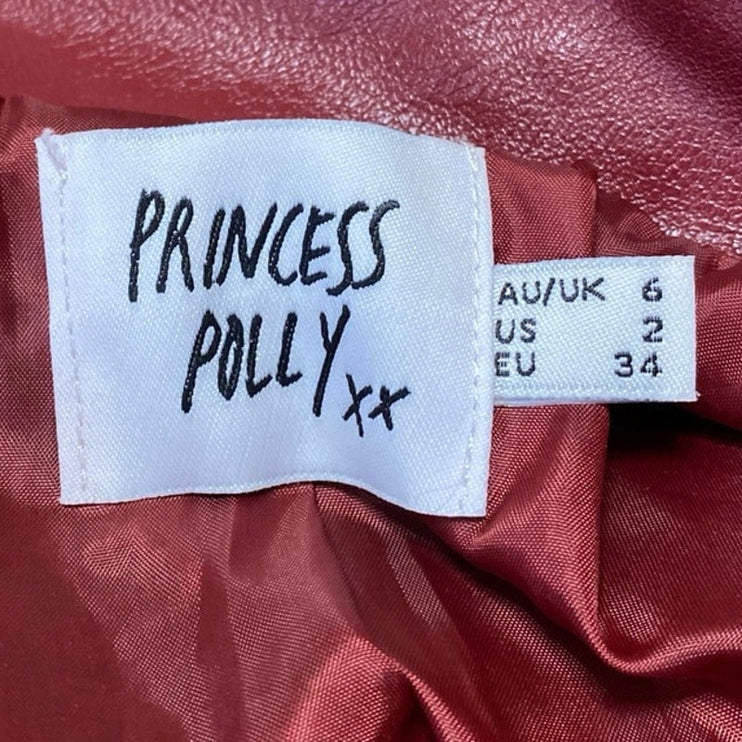 Princess Polly Callie Red Faux Leather Vegan Biker Moto Zip Up Jacket Size 2