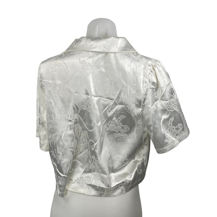 Coquette Women's White Jacquard Silk Satin Short Sleeve Button Down Crop Top S