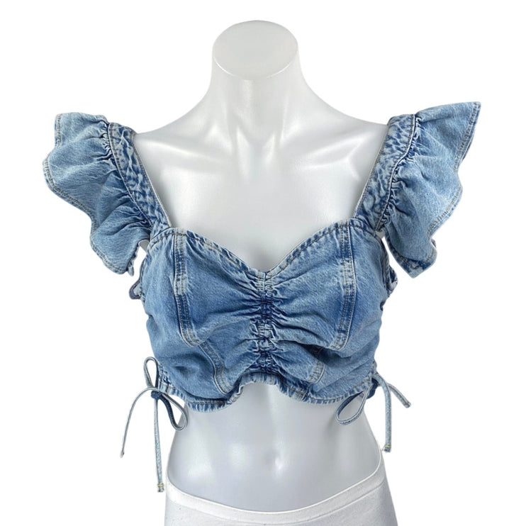 River Island Blue Sleeveless Ruffle Ruched Cut Out Denim Jeans Crop Top Size 6