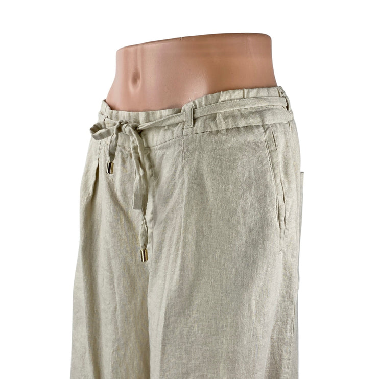 Zara Women's Beige Linen Drawstring Pleated Wide Leg Baggy Trousers Pants Size S