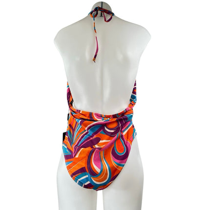 NEW PrettyLittleThing Multicolor Printed Ruched Scoop Neck One Piece Swimsuit 16