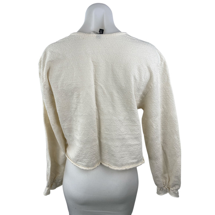 H&M Women's Cream Floral Lace Tassel Ruffle Long Sleeve Peplum Blouse Top Size M