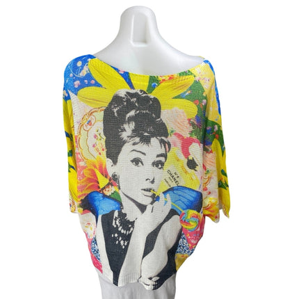 Women's Multicolor Audrey Hepburn Comics Knit Half Sleeve Sweater Top Size 3