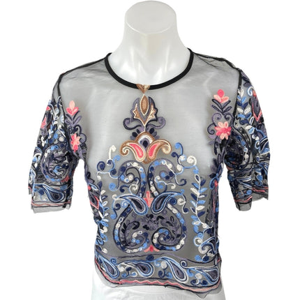 Shein Women's Blue Mesh Sheer Paisley Embroidered Boho Crop Blouse Top Size XS