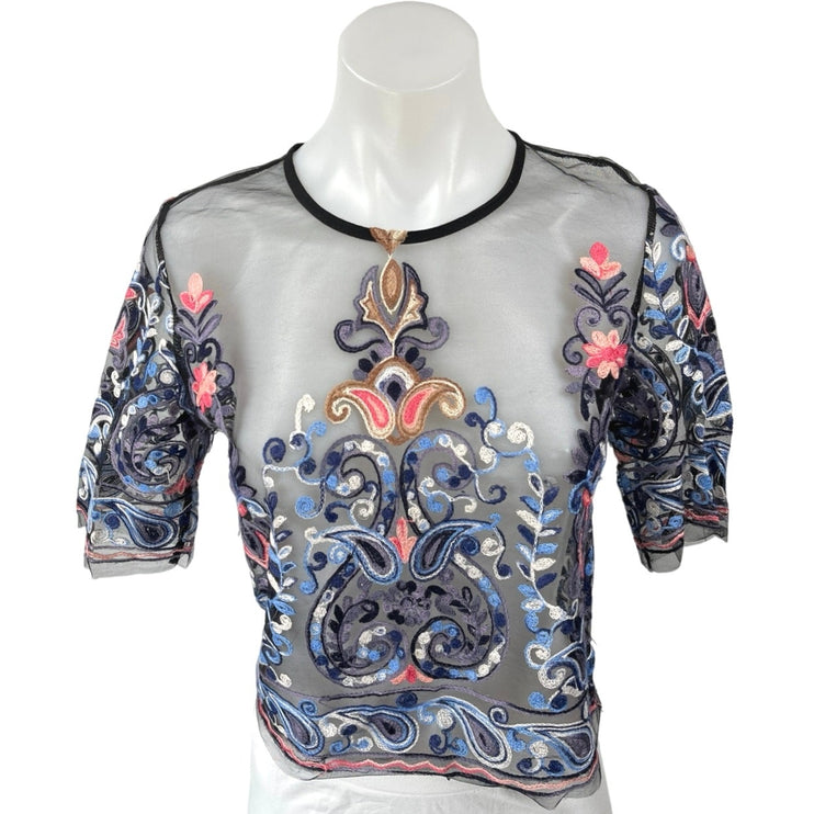 Shein Women's Blue Mesh Sheer Paisley Embroidered Boho Crop Blouse Top Size XS