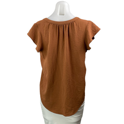 Adrianna Papell Women's Brown V Neck Flutter Sleeve High Low Blouse Top Size S