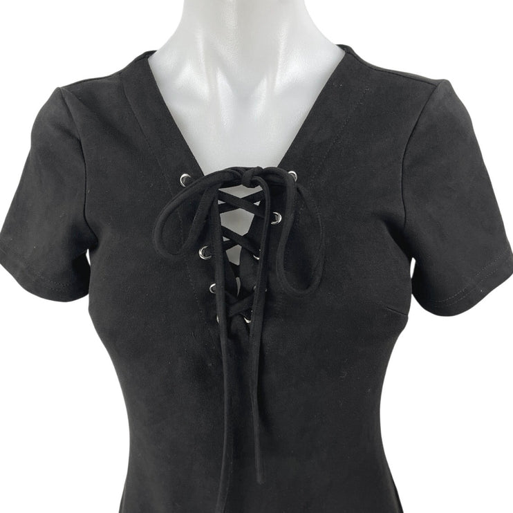 Orcelly Women's Black Lace Up Crisscross Short Sleeve Mini Sheath Dress Size S