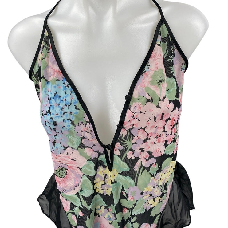 VTG Victoria's Secret Multicolor Floral Mesh Ruffle Lingerie Teddy Bodysuit Sz S
