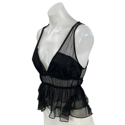 Zara Women's Black Sleeveless Mesh Ruffle Tiered Peplum Tank Blouse Top Size S
