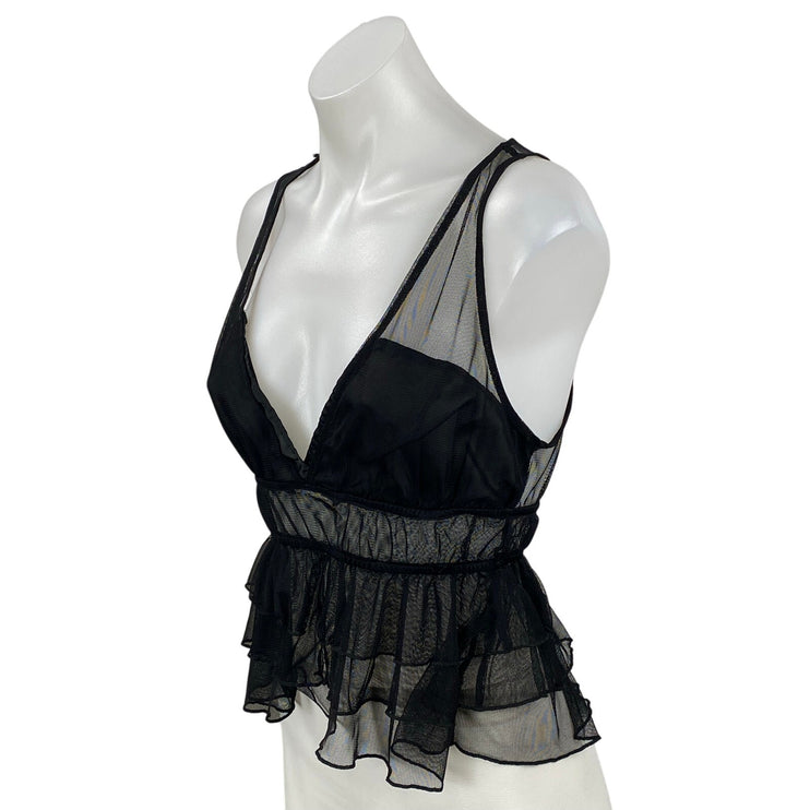 Zara Women's Black Sleeveless Mesh Ruffle Tiered Peplum Tank Blouse Top Size S