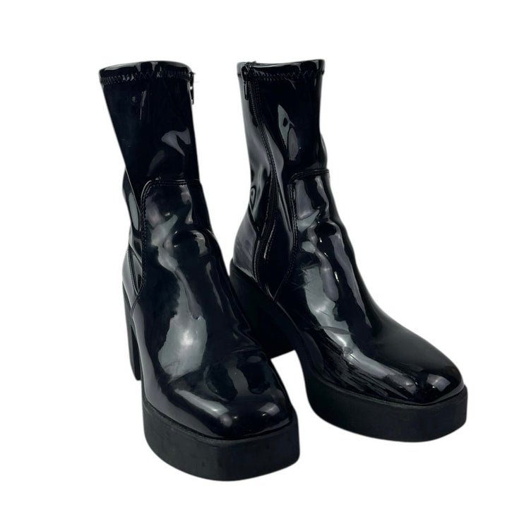 Aldo Upstep Black Patent Leather Almond Toe Block Heel Platform Ankle Boots 10