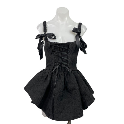 Nololita Black Sleeveless Shoulder Tie Mini Flared A-Line Tank Corset Dress Sz S