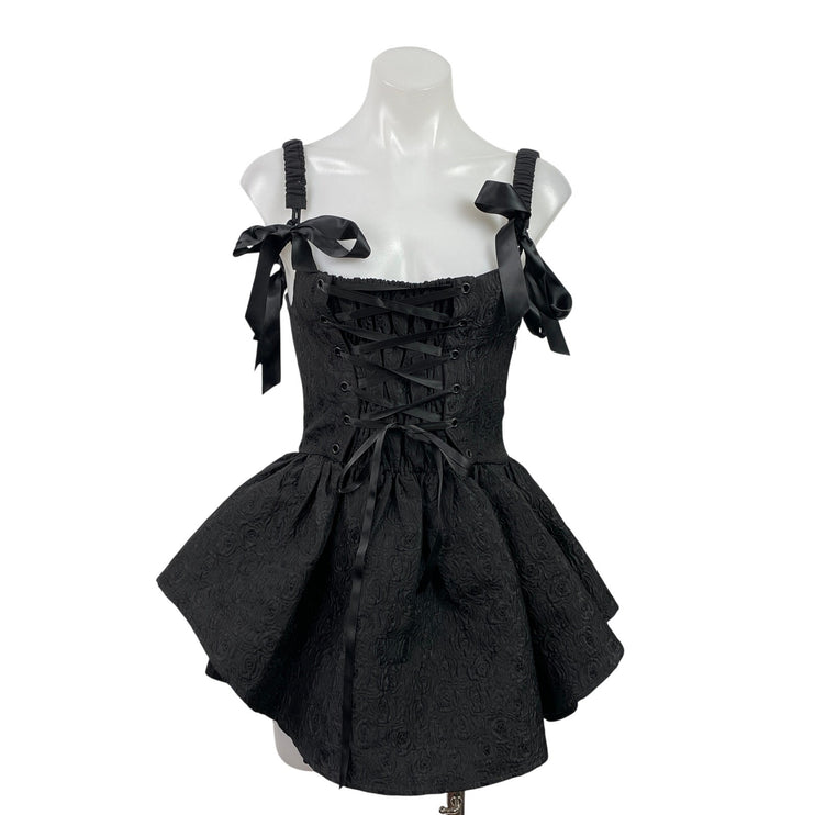 Nololita Black Sleeveless Shoulder Tie Mini Flared A-Line Tank Corset Dress Sz S