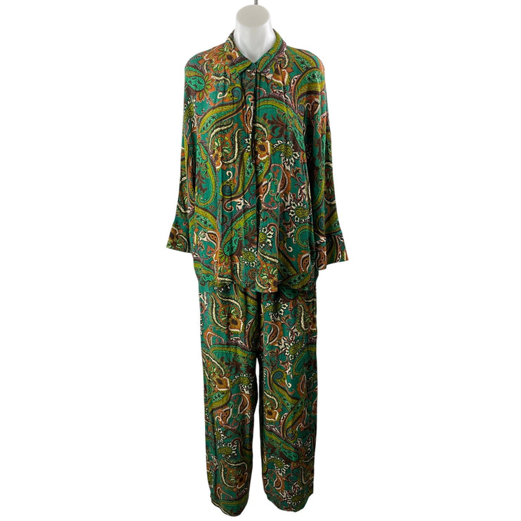 BSL Women's Green Paisley Floral Long Sleeve Button Up Pants 2 Piece Set Size L