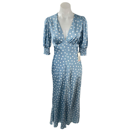 NEW B Darlin Blue Polka Dots Silk Satin Half Puff Sleeve Maxi Dress Size 7/8