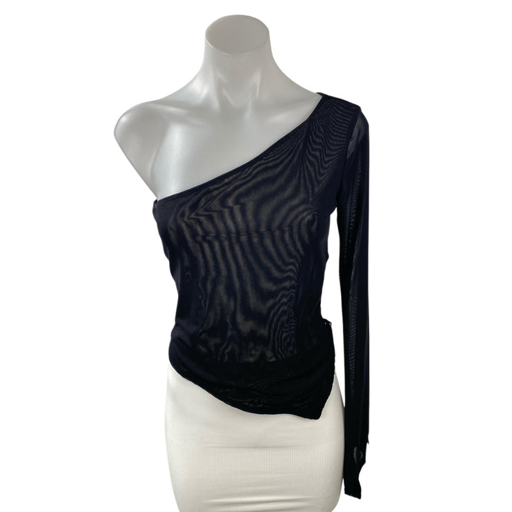 Silence & Noise Black Mesh Asymmetical One Shoulder Long Sleeve Blouse Top Sz S
