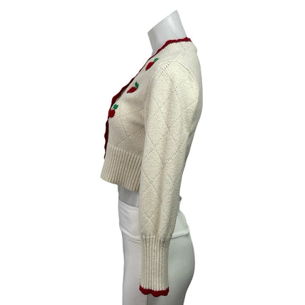 Cider Cream Red Strawberry Knit V Neck Button Up Crop Cardigan Sweater Size S