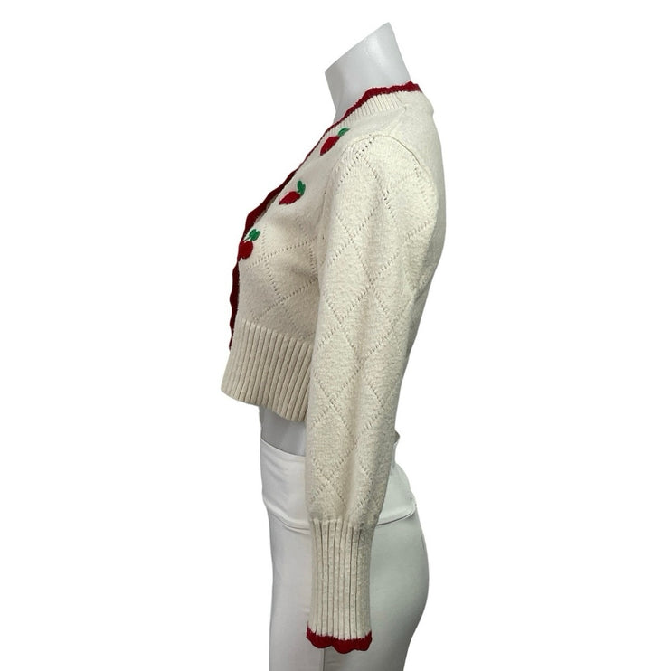 Cider Cream Red Strawberry Knit V Neck Button Up Crop Cardigan Sweater Size S