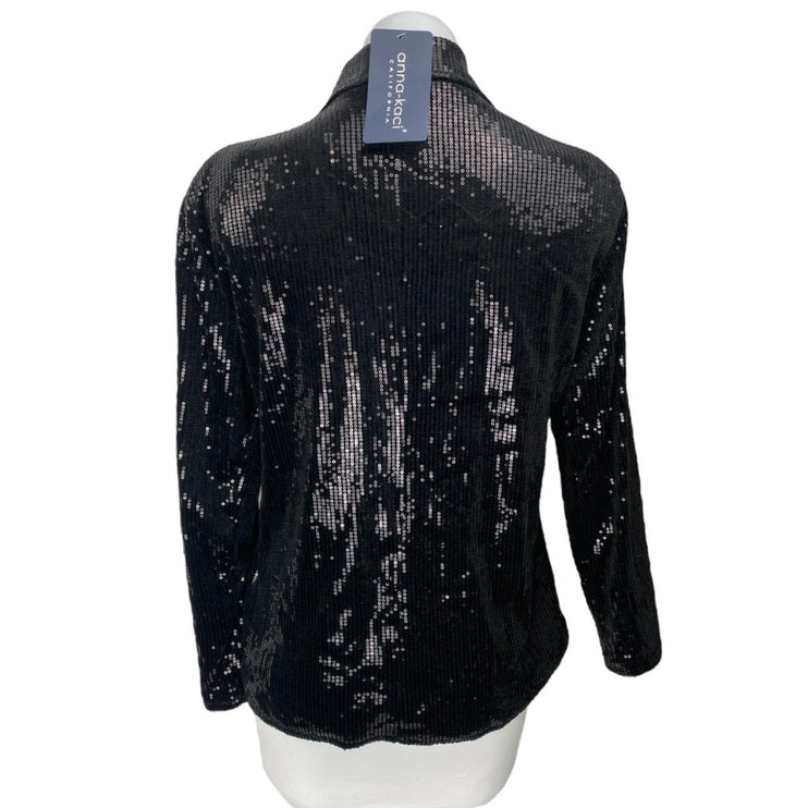 NEW Anna Kaci Black Sequin Sparkly Long Sleeve Button Blazer Coat Jacket Size M