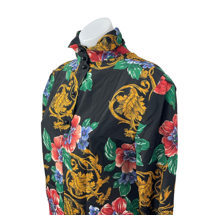 Tess Women's Black Multicolor Floral Long Sleeve Henley Button Blouse Top Size 4