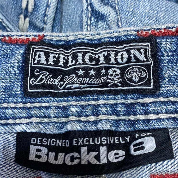 Affliction Buckle Blake Men's Blue Distressed Slim Straight Denim Jeans Size 30L