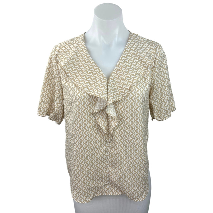 Ann Taylor Beige Geometric Print Ruffle V-Neck Geo Drape Front Blouse Top Sz S