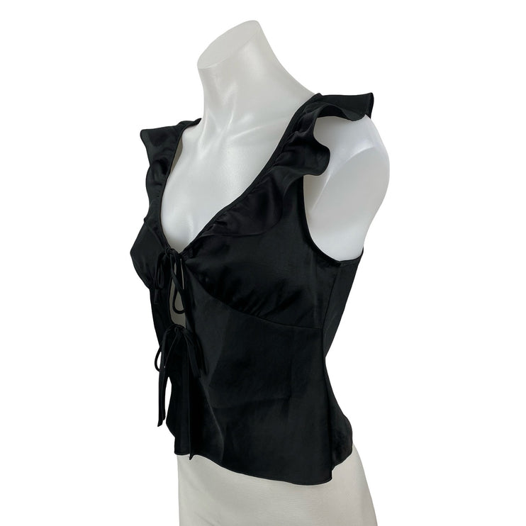 Aritzia Wilfred Tonka Satin Women's Black Ruffle Sleeveless Tie Blouse Top Sz XS