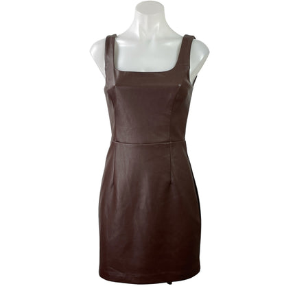 Aqua Brown Faux Vegan Leather Sleeveless Square Neck Zipper Mini Sheath Dress XS