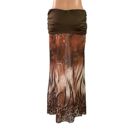Shein Brown Leopard Print Beaded Fringe Sheer Beach Swim Maxi Coverup Skirt Sz L
