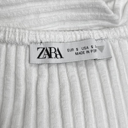 Zara White Combined Organza Knit Puff Sleeve Square Neck Cropped Blouse Top Sz S