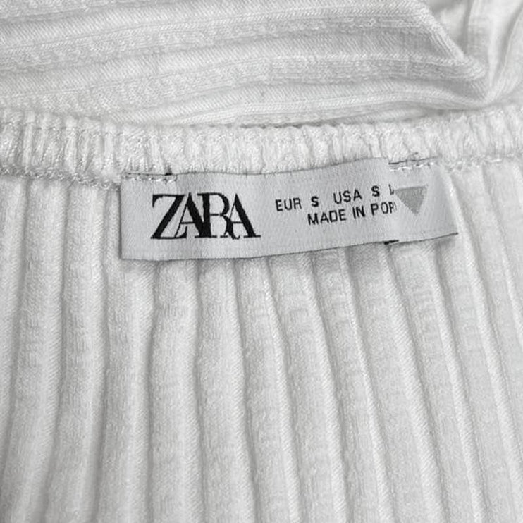 Zara White Combined Organza Knit Puff Sleeve Square Neck Cropped Blouse Top Sz S