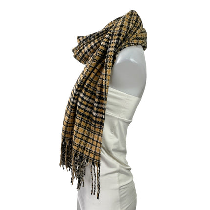 Women's Yellow Black Plaid Check Knit Fringe Snow Shawl Wrap Neck Scarf Size OS