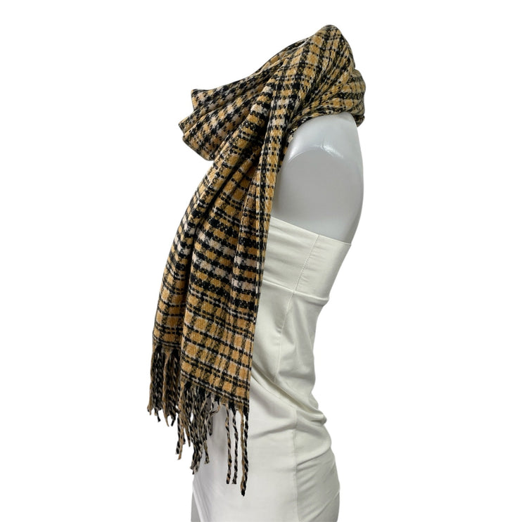 Women's Yellow Black Plaid Check Knit Fringe Snow Shawl Wrap Neck Scarf Size OS