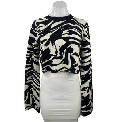 H&M Black White Zebra Marble Long Sleeve Knit Crew Neck Cropped Sweater Top Sz S