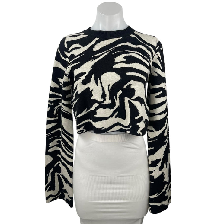 H&M Black White Zebra Marble Long Sleeve Knit Crew Neck Cropped Sweater Top Sz S