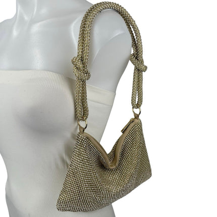 Gold Knotted Strap Rhinestone Beaded Sparkly Chic Evening Shoulder Handbag OS