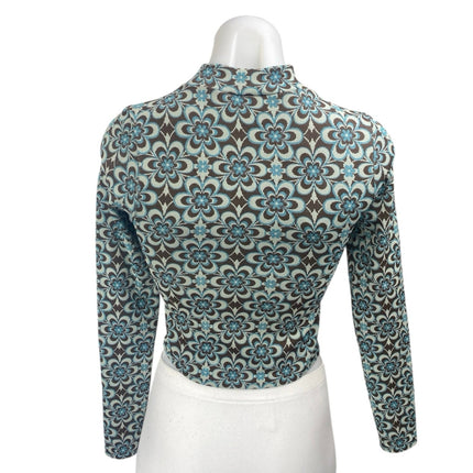 Stradivarius Blue Brown Floral Knit Mock Neck Long Sleeve Crop Sweater Top Sz S