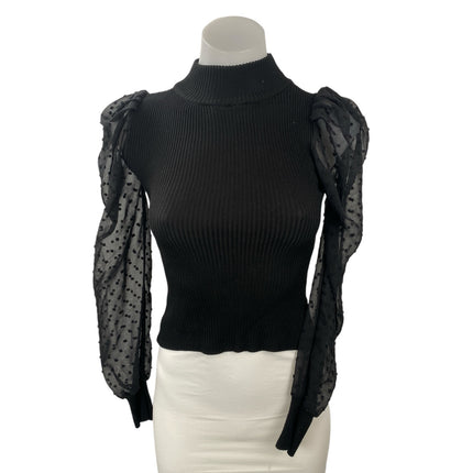 Crave Fame Women's Black Swiss Dot Long Sleeve Mesh Mock Neck Blouse Top Size XS