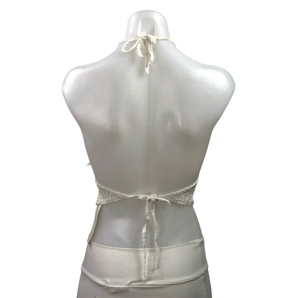 NEW Sergio Modamare White Crochet Knit Halter Tie Open Back Boho Crop Top Size S