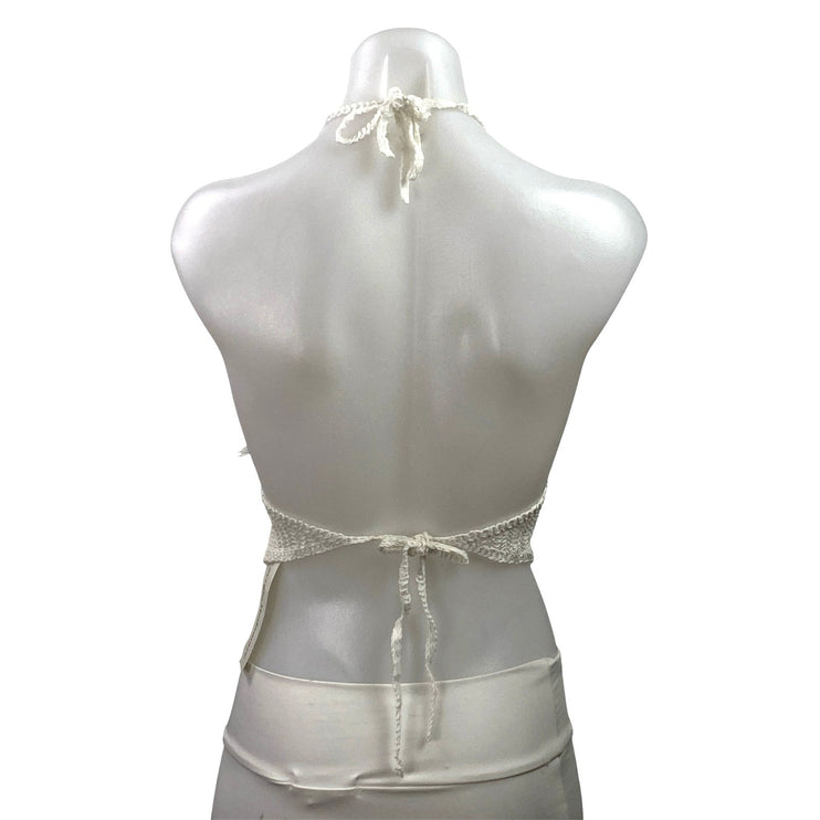 NEW Sergio Modamare White Crochet Knit Halter Tie Open Back Boho Crop Top Size S