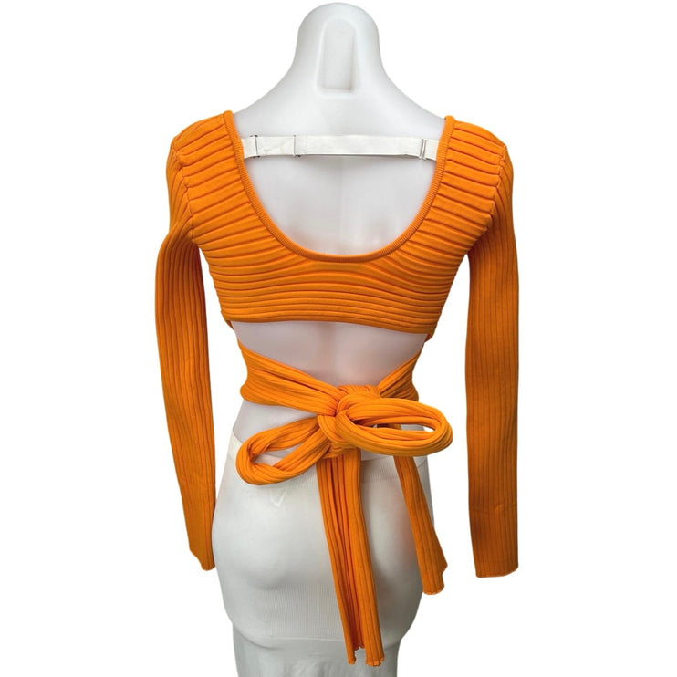 Tibi Orange Ribbed Knit Long Sleeve V Neck Tie Back Cut Out Crop Top Size M