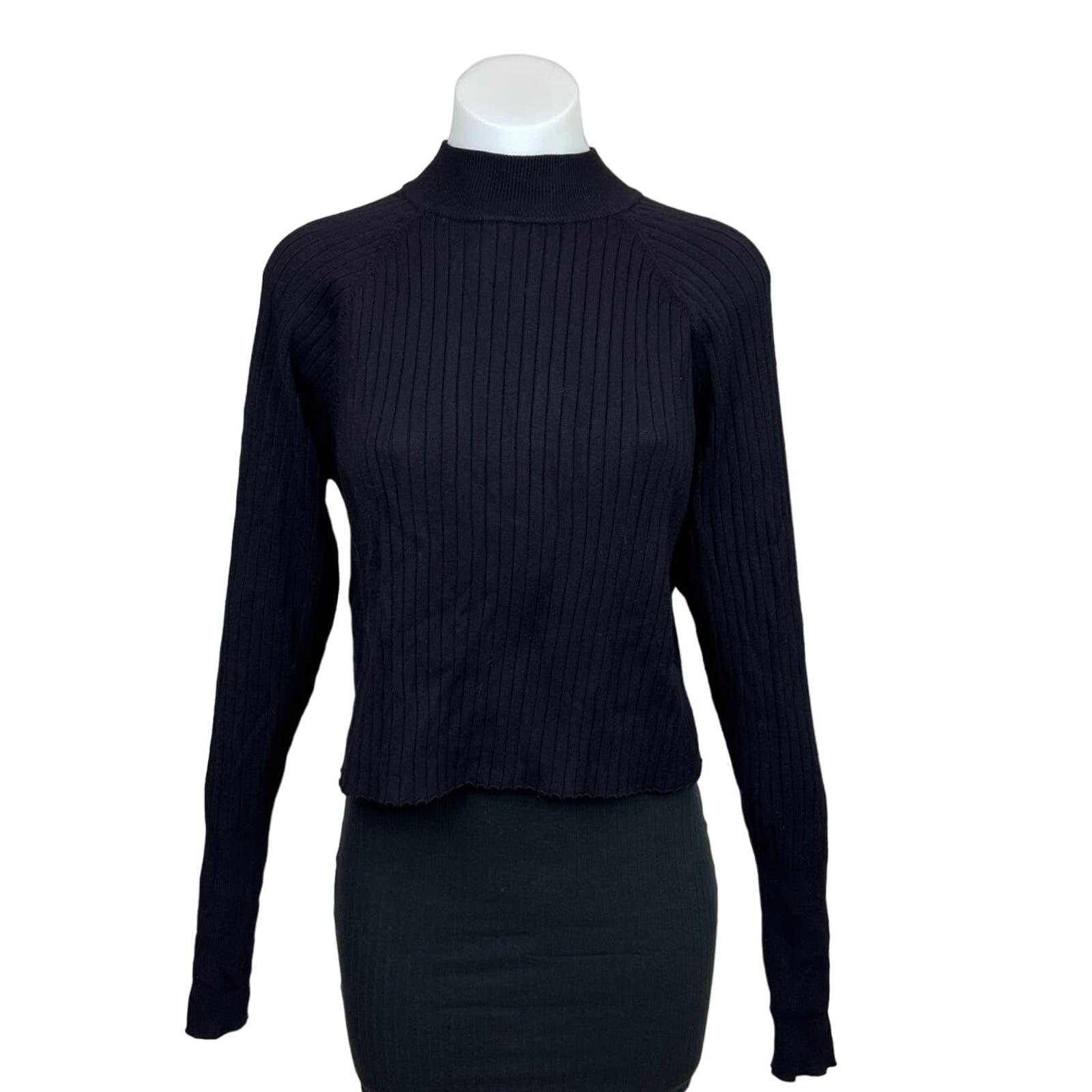 Zara Knit Black Fitted Rib Button Back Long Sleeve Turtleneck