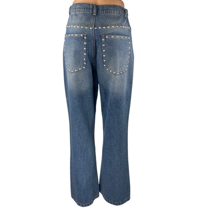 Women's Blue Studded Medium Wash High Waist Flared Bootcut Denim Jeans Pants 28